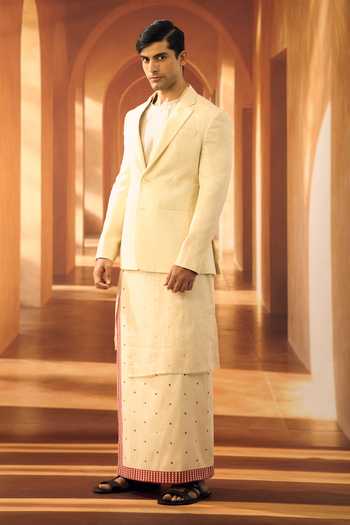 Buy Vivek Karunakaran Cream Silk Linen Foil Ceremonial Blazer Online at Aza Fashions Buy_Vivek Karunakaran_Cream Silk Linen Foil Ceremonial Blazer _Online_at_Aza_Fashions