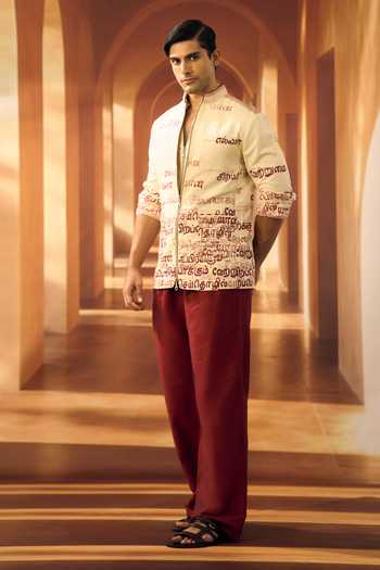 Vivek Karunakaran_Cream Linen Kural Print Shacket _Online_at_Aza_Fashions
