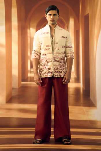 Buy_Vivek Karunakaran_Cream Linen Kural Print Shacket _Online_at_Aza_Fashions