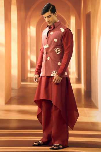 Vivek Karunakaran_Burgundy Linen Checkered Block Print Bundi _Online_at_Aza_Fashions