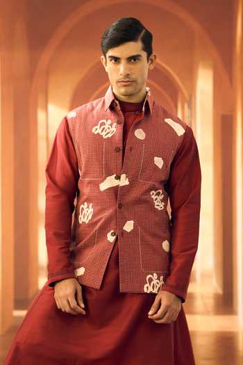 Buy_Vivek Karunakaran_Burgundy Linen Checkered Block Print Bundi _Online_at_Aza_Fashions