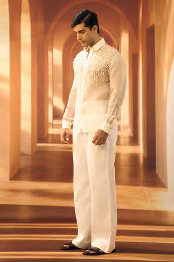 Vivek Karunakaran Ivory Organza Jasmine Strands Cloud Dancer Shirt Online at Aza Fashions Vivek Karunakaran_Ivory Organza Jasmine Strands Cloud Dancer Shirt _Online_at_Aza_Fashions