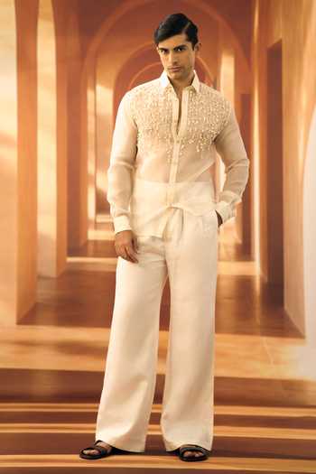 Buy Vivek Karunakaran Ivory Organza Jasmine Strands Cloud Dancer Shirt Online at Aza Fashions Buy_Vivek Karunakaran_Ivory Organza Jasmine Strands Cloud Dancer Shirt _Online_at_Aza_Fashions