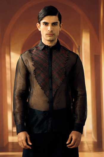 Vivek Karunakaran Jeweled Checkered Bib Yoke Organza Shirt 
