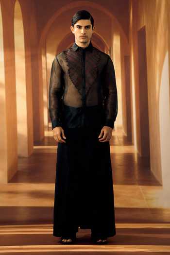 Vivek Karunakaran_Black Organza Jeweled Checkered Bib Yoke Shirt _Online_at_Aza_Fashions