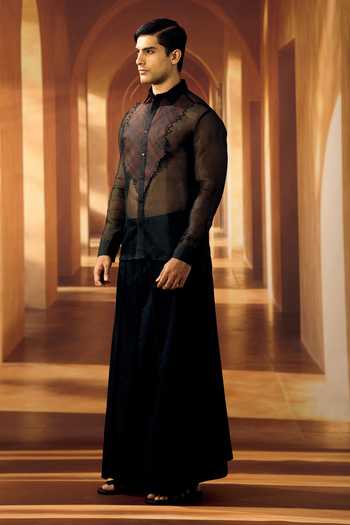 Buy_Vivek Karunakaran_Black Organza Jeweled Checkered Bib Yoke Shirt _Online_at_Aza_Fashions