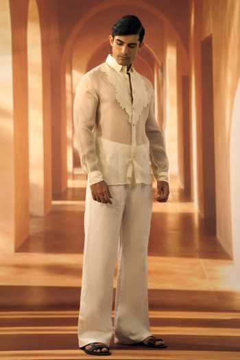 Vivek Karunakaran_Ivory Organza Jasmine Embroidered Bib Yoke Shirt _Online_at_Aza_Fashions