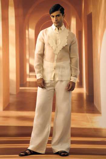 Buy_Vivek Karunakaran_Ivory Organza Jasmine Embroidered Bib Yoke Shirt _Online_at_Aza_Fashions