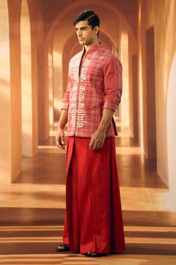 Buy Vivek Karunakaran Red Poplin Checkered Script Applique Shacket Online at Aza Fashions Buy_Vivek Karunakaran_Red Poplin Checkered Script Applique Shacket _Online_at_Aza_Fashions