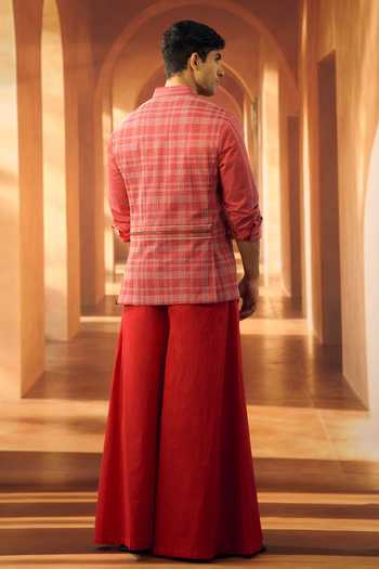 Shop Vivek Karunakaran Red Poplin Checkered Script Applique Shacket at Aza Fashions Shop_Vivek Karunakaran_Red Poplin Checkered Script Applique Shacket _at_Aza_Fashions