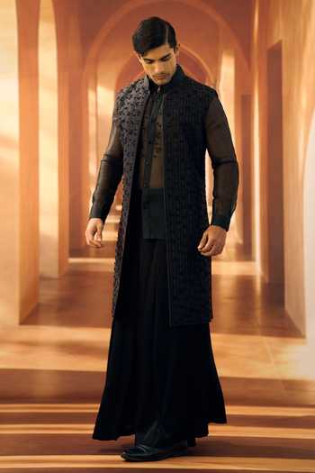 Vivek Karunakaran_Black Silk Noir Jasmine Strand Open Sherwani _Online_at_Aza_Fashions
