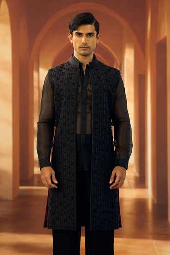 Vivek Karunakaran_Black Silk Noir Jasmine Strand Open Sherwani _at_Aza_Fashions