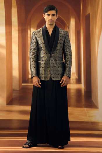 Vivek Karunakaran_Silver Silk Zari Graphite And Frost Kanjeevaram Tuxedo _Online_at_Aza_Fashions