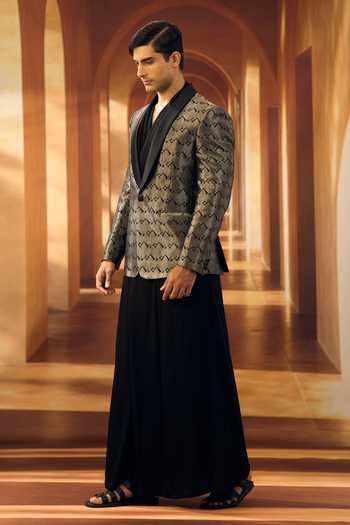 Buy_Vivek Karunakaran_Silver Silk Zari Graphite And Frost Kanjeevaram Tuxedo _Online_at_Aza_Fashions
