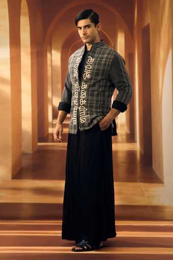 Vivek Karunakaran Black Silk Checkered Script Applique Shacket Online at Aza Fashions Vivek Karunakaran_Black Silk Checkered Script Applique Shacket _Online_at_Aza_Fashions
