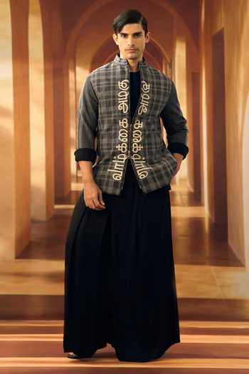 Buy Vivek Karunakaran Black Silk Checkered Script Applique Shacket Online at Aza Fashions Buy_Vivek Karunakaran_Black Silk Checkered Script Applique Shacket _Online_at_Aza_Fashions