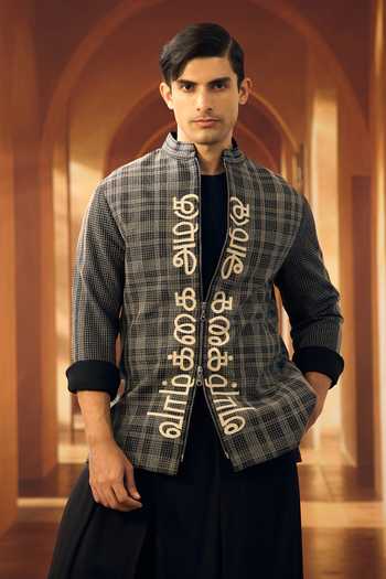 Vivek Karunakaran Black Checkered Script Applique Shacket 