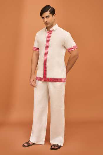 Vivek Karunakaran_White Poplin Border Cluster Shirt _Online_at_Aza_Fashions