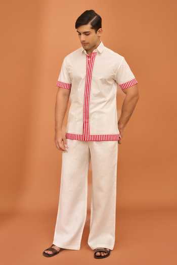 Buy_Vivek Karunakaran_White Poplin Border Cluster Shirt _Online_at_Aza_Fashions