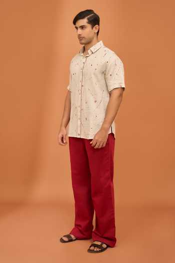 Vivek Karunakaran Beige Cotton, Linen Script And Splatter Shirt Online at Aza Fashions Vivek Karunakaran_Beige Cotton, Linen Script And Splatter Shirt _Online_at_Aza_Fashions
