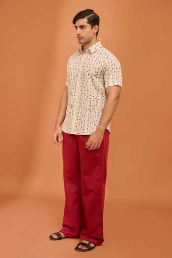 Vivek Karunakaran_Beige Cotton, Linen Kodi Print Sundown Shirt _Online_at_Aza_Fashions