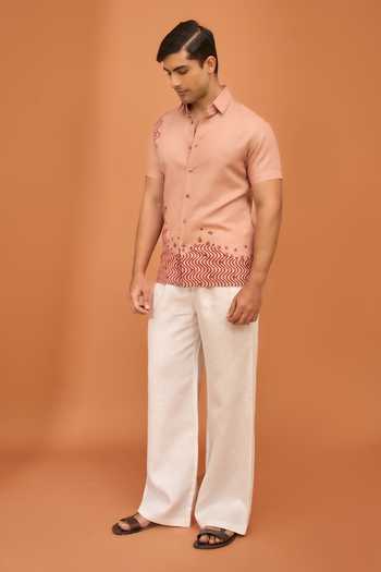 Buy Vivek Karunakaran Pink Cotton, Linen Wave And Script Dustrose Shirt Online at Aza Fashions Buy_Vivek Karunakaran_Pink Cotton, Linen Wave And Script Dustrose Shirt _Online_at_Aza_Fashions