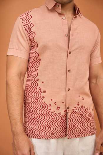 Shop Vivek Karunakaran Pink Cotton, Linen Wave And Script Dustrose Shirt Online at Aza Fashions Shop_Vivek Karunakaran_Pink Cotton, Linen Wave And Script Dustrose Shirt _Online_at_Aza_Fashions