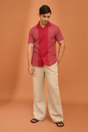 Vivek Karunakaran_Red Cotton, Linen Vanished Smudge Camp Shirt _Online_at_Aza_Fashions