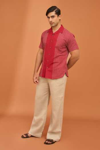 Buy_Vivek Karunakaran_Red Cotton, Linen Vanished Smudge Camp Shirt _Online_at_Aza_Fashions