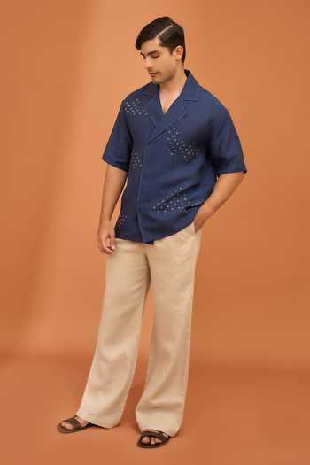 Vivek Karunakaran_Blue Linen Celestial Scatter Twilight Shirt _Online_at_Aza_Fashions