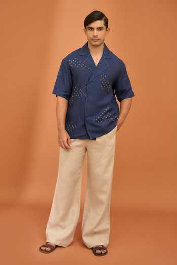 Buy_Vivek Karunakaran_Blue Linen Celestial Scatter Twilight Shirt _Online_at_Aza_Fashions