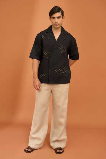 Vivek Karunakaran_Black Cotton, Linen Celestial Scatter Nightfall Shirt _Online_at_Aza_Fashions