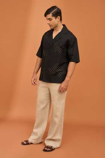 Buy_Vivek Karunakaran_Black Cotton, Linen Celestial Scatter Nightfall Shirt _Online_at_Aza_Fashions
