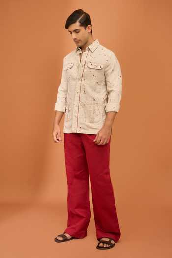 Vivek Karunakaran Beige Linen Script And Splatter Dusky Shacket Online at Aza Fashions Vivek Karunakaran_Beige Linen Script And Splatter Dusky Shacket _Online_at_Aza_Fashions
