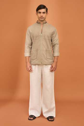 Vivek Karunakaran Beige Suiting Sporty Smudge Clay Shacket Online at Aza Fashions Vivek Karunakaran_Beige Suiting Sporty Smudge Clay Shacket _Online_at_Aza_Fashions