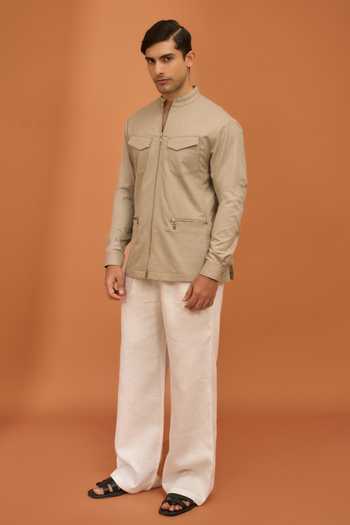 Vivek Karunakaran Beige Suiting Kinetic Drift Clay Shacket Online at Aza Fashions Vivek Karunakaran_Beige Suiting Kinetic Drift Clay Shacket _Online_at_Aza_Fashions