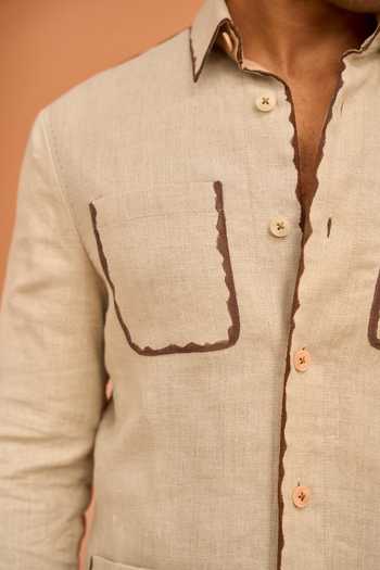 Vivek Karunakaran Beige Suiting Mocha Tipped Classic Shacket Online at Aza Fashions Vivek Karunakaran_Beige Suiting Mocha Tipped Classic Shacket _Online_at_Aza_Fashions