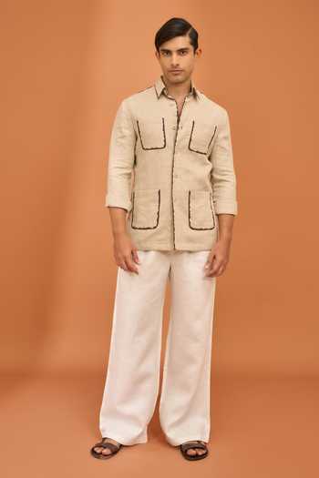 Buy Vivek Karunakaran Beige Suiting Mocha Tipped Classic Shacket Online at Aza Fashions Buy_Vivek Karunakaran_Beige Suiting Mocha Tipped Classic Shacket _Online_at_Aza_Fashions