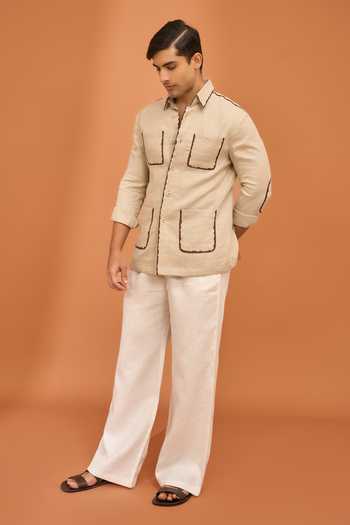 Shop Vivek Karunakaran Beige Suiting Mocha Tipped Classic Shacket Online at Aza Fashions Shop_Vivek Karunakaran_Beige Suiting Mocha Tipped Classic Shacket _Online_at_Aza_Fashions