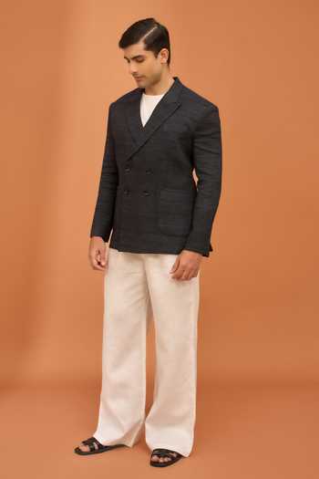 Vivek Karunakaran Grey Silk, Tussar Charcoal Double Breasted Jacket Online at Aza Fashions Vivek Karunakaran_Grey Silk, Tussar Charcoal Double Breasted Jacket _Online_at_Aza_Fashions