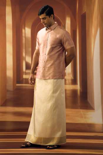 Vivek Karunakaran Pink Silk Burnt Raw Shirt Online at Aza Fashions Vivek Karunakaran_Pink Silk Burnt Raw Shirt _Online_at_Aza_Fashions