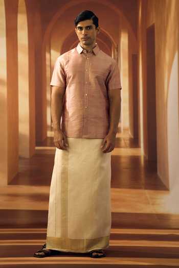 Buy Vivek Karunakaran Pink Silk Burnt Raw Shirt Online at Aza Fashions Buy_Vivek Karunakaran_Pink Silk Burnt Raw Shirt _Online_at_Aza_Fashions