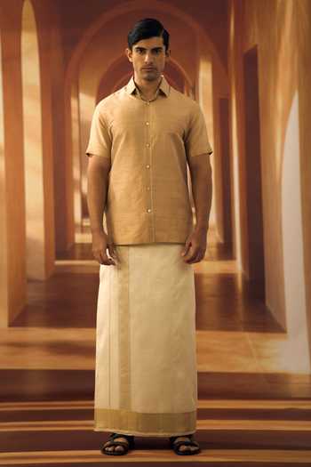 Vivek Karunakaran_Beige Silk Biscuit Raw Shirt _Online_at_Aza_Fashions