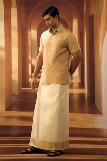 Buy_Vivek Karunakaran_Beige Silk Biscuit Raw Shirt _Online_at_Aza_Fashions