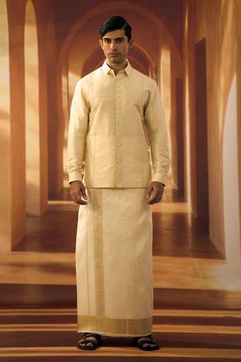 Vivek Karunakaran Cream Silk Raw Muhurtham Shirt Online at Aza Fashions Vivek Karunakaran_Cream Silk Raw Muhurtham Shirt _Online_at_Aza_Fashions