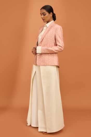 Vivek Karunakaran Pink Silk Collared Neck Stripe Print Jacket And Palazzo Set Online at Aza Fashions Vivek Karunakaran_Pink Silk Collared Neck Stripe Print Jacket And Palazzo Set _Online_at_Aza_Fashions