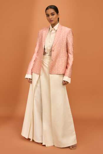 Buy Vivek Karunakaran Pink Silk Collared Neck Stripe Print Jacket And Palazzo Set at Aza Fashions Buy_Vivek Karunakaran_Pink Silk Collared Neck Stripe Print Jacket And Palazzo Set _at_Aza_Fashions