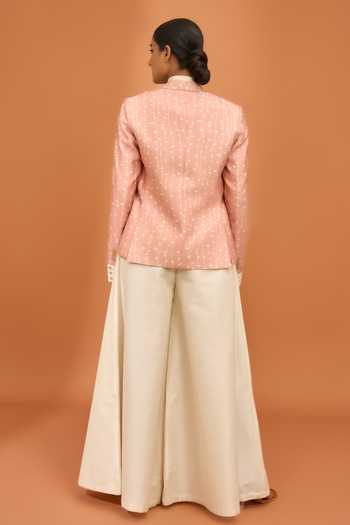 Shop Vivek Karunakaran Pink Silk Collared Neck Stripe Print Jacket And Palazzo Set at Aza Fashions Shop_Vivek Karunakaran_Pink Silk Collared Neck Stripe Print Jacket And Palazzo Set _at_Aza_Fashions