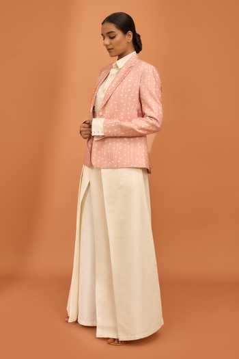 Vivek Karunakaran_Cream Silk Solid Pleated Palazzo _Online_at_Aza_Fashions