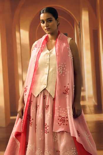 Vivek Karunakaran_Pink Cotton, Organza Open Neck Floral Embroidered Jacket And Lehenga Set _Online_at_Aza_Fashions